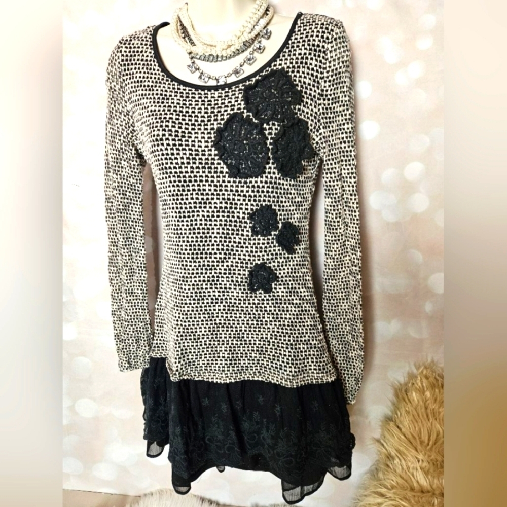 Anthropologie A'reve | Black and White Knit Drop Waist Dress